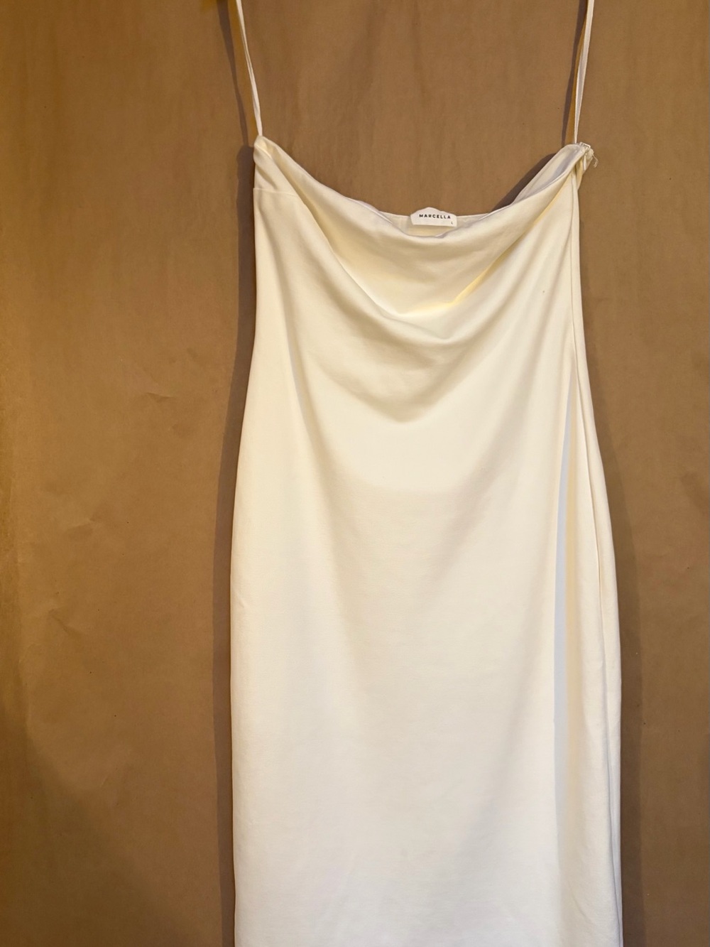 Marcella White Strapless Cowl Midi Dress